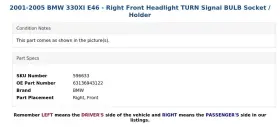 63136943122 BMW Right Front Headlight Turn Signal Bulb Socket #3