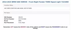 63137221860 BMW Xdrive Front Right Fender Turn Signal Light #3