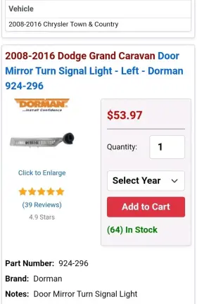 68052078AA DORMAN Left Mirror Turn Signal Light Town Chrysler