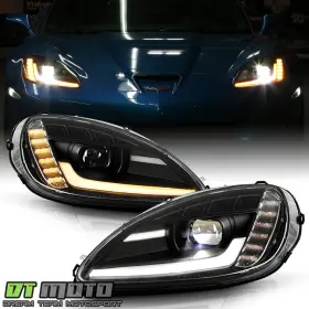 Dtmoto Gm2503333 2005-2013 Chevy Corvette C6 Black Switchback Sequential Led Projector Headlights