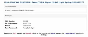 2D0953575 VOLKSWAGEN Front Turn Signal Light Spring Vw #3