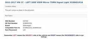 3C8949101A VOLKSWAGEN Rear View Mirror Left Turn Signal Light #3