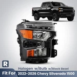 For 2022-2026 Chevy Silverado 1500 Halogen Headlight W/black Trim W/bulb Right. Fixed Price $79.99.