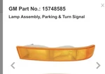 2003 Chevy Express Van Park Lamp Turn Signal Light Oem 15748585 Right Side. Fixed Price $24.00.
