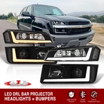 Black 4pc Led Drl Projector Head Lights + Bumpers For 2002-2006 Chevy Avalanche. Fixed Price $219.00.